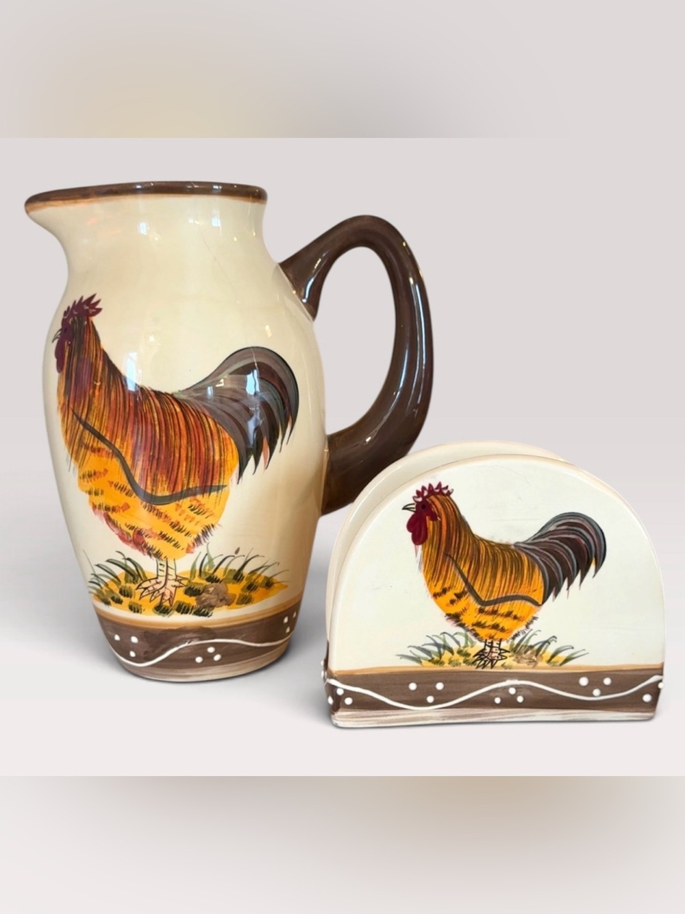 VINTAGE COTTAGECORE FARMHOUSE ROOSTER CERAMIC PITCHER AND NAPKIN HOLDER